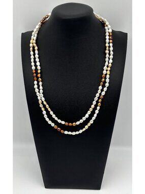 Vintage 50 Inch Single Strand of Freshwater Pearls Bronze Gold Cream Unsigned